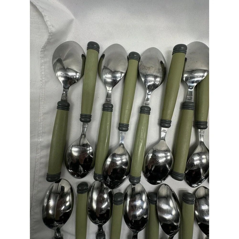 Pfaltzgraff SPHERE Stainless Plastic Charcoal Green Flatware Set Flaws 46 Pieces